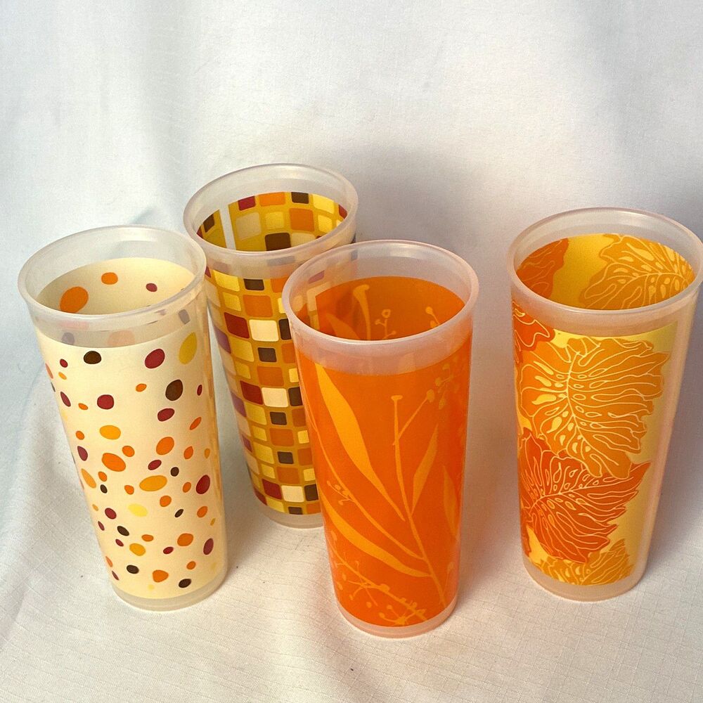 Set of 4 Plastic Tumbler Drinking Glasses, Tupperware Multicolor Floral, 7in